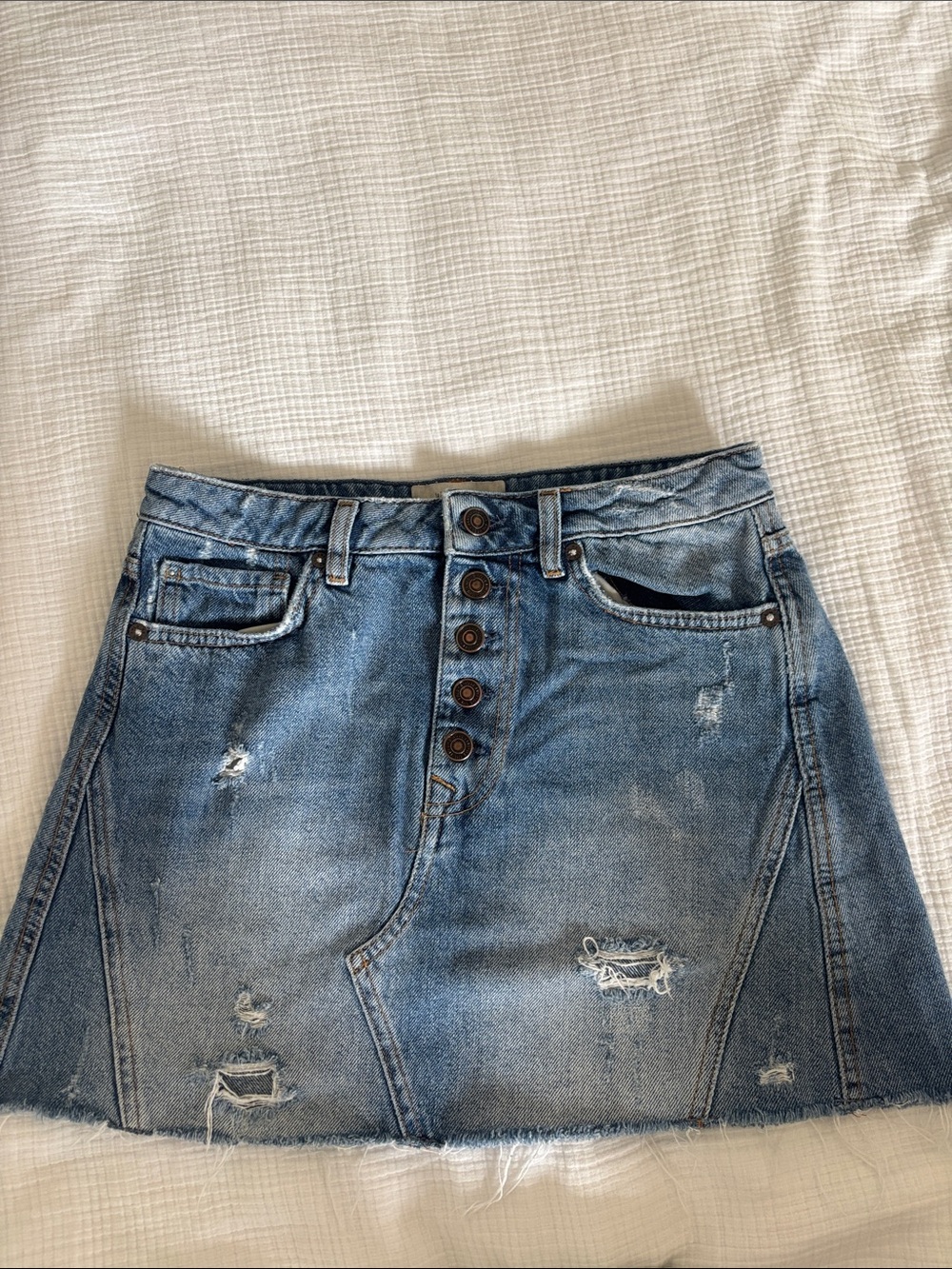 We The Free Light Blue Distressed Denim Mini Skirt